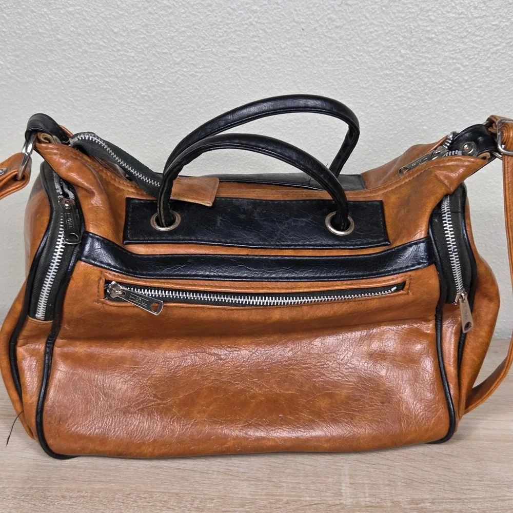 vintage y2k cognac brown black multi zip moto satchel shoulder bag